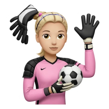 Make a dirty blonde football goalkeeper with goalkeeper gloves on. light skinned and wearing a light pink football kit. Wearing one ponytail on back of head. Make it without the whole body. With full sleeves. No RUGBY BALl.  BLACK AND WHITE BALL.  Holding the ball regularly sticker