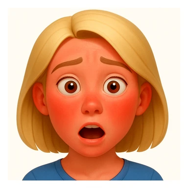 Reduce the intensity of the sunburn on the woman's face so it appears only slightly red with a mild sun-kissed look. Keep the style and expression the same as in the reference image. sticker