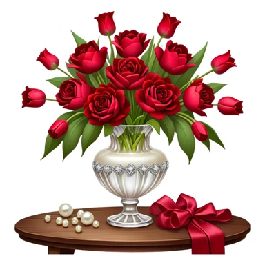 "A romantic still life of a crystal-clear red glass vase brimming with a lavish mix of scarlet roses, tulips, peonies, and silk-like pansies, with pearl-hued ribbons cascading gracefully over a vintage wooden table."
 sticker