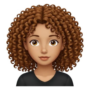 iPhone-style avatar icon of a morena woman, curly hair, some freckles, black shirt, simple and expressive sticker