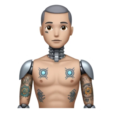 gray Tatooed robot, big many tatooes on chest, neck and face sticker