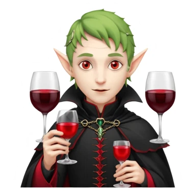 male elf vampire emoji, pale skin, red glowing eyes, long pointed ears, black high-collared cloak with red lining, holding a wine glass filled with red liquid, elegant Halloween fantasy look, smooth Apple emoji style, clean white background, square image sticker