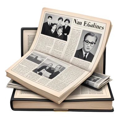 Icon for Non-Fiction & Narrative Reading: an open book with black-and-white photos on the pages, surrounded by a pile of newspaper clippings, and an open folder with top-secret documents. The icon should reflect the blend of real stories and facts in non-fiction literature. Transparent background. sticker
