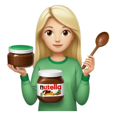 Blond woman with white and green pullover holds in one hand a big carriage of Nutella and in the other hand a oversized spoon which is in the carriage of Nutella. Her hair is long. And the Nutella jar is very big sticker