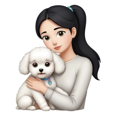One long face girl with straight black hair in a ponytail，hugging one Bichon frise sticker
