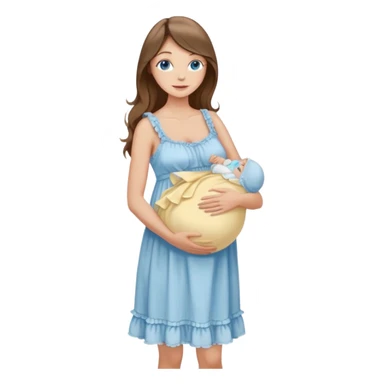 Beautiful Woman with Blue eyes, and long flowing almond brown hair and a light peachy tan skin tone, standing in a relaxed pose holding her visible baby bump in a frilly buttercream colored babydoll sundress  sticker