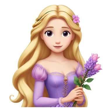 Cinematic Realistic Rapunzel Portrait, with porcelain-like skin featuring a subtle, natural glow, illuminated by soft lighting that brings out the gentle contours of her face. Her long, golden blonde hair cascades in detailed waves, each strand highlighted with a radiant shimmer as it catches the light. She playfully holds a flower in one hand, her other hand resting casually in her lap, with a warm and spirited expression. Her bright, expressive green eyes exude curiosity and warmth, framed by delicate lashes and soft, arched brows. She is dressed in her classic lavender and pink gown, the fabric textured with delicate folds that flow naturally, catching the light with a soft, radiant glow. The portrait captures a luminous, enchanting aura, seamlessly blending realism with a whimsical, fairytale charm, evoking a timeless sense of beauty and magic. sticker