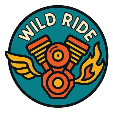 circular motorcycle cap design with the English phrase 'Wild Ride', featuring motorcycle motifs like motor, flame, wing, wild style sticker