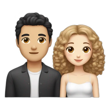 A couple consisting of asian korean man with dark eyes and black wavy hair and white girl with long straight blonde hair and brown eyes with brown toy poodle sticker