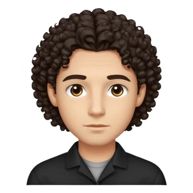 He’s a young man with light to medium skin, a defined oval face, full brows, deep-set eyes, and voluminous curly dark brown hair styled with height. expression calm and focused relaxed black open-collar shirt.polished, articulate, and professional vibe. sticker