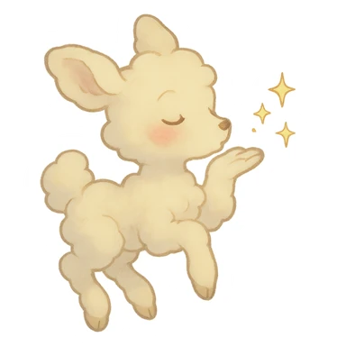 vanilla-colored cloud doe with rosy cheeks, floating, blowing a kiss with sparkles, soft and dreamy ghibli style sticker