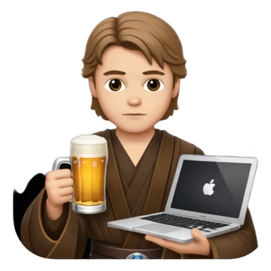 Anakin skywalker holding a beer and a macbook sticker