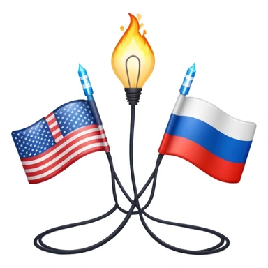 symbolic hot wire connecting Russia and USA with Russian and US flags at each end, glowing wire in the middle, tense atmosphere sticker