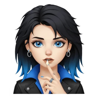 
 rockstar girl with black disheveled hair, blue eyes, Smokey eyes grunge makeup, ring on the side of the nose sticker