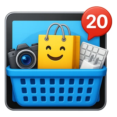 Create a high fidelity emoji style variant with smooth edges featuring a tablet instead of a monitor, a shopping basket showing tech items like a camera, keyboard, and charger instead of food, and an emoji shopping bag. The style should resemble emoji style with smooth edges and high detail. sticker