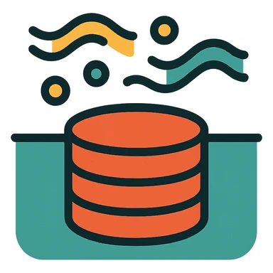abstract minimalist icon of stacked disks partially submerged below a horizontal line representing underground, with flowing abstract data streams of lines, dots, or waves, worn and distressed effect sticker