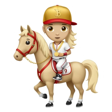 anthropomorphised horse in a hip-hop outfit, wearing a gold medal and a baseball hat sticker
