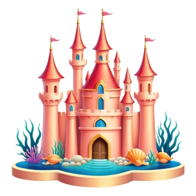 Ariel's underwater castle from The Little Mermaid, golden spires, colorful coral, seashell architecture, simple, white sticker