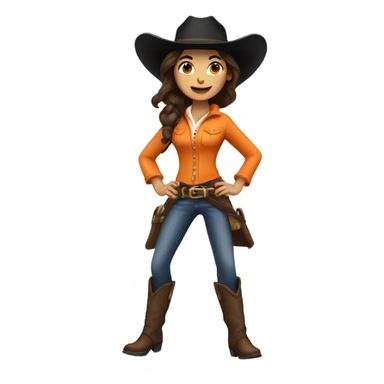jumping brunette cow girl with tan skin, orange burnt coat, black hat sticker