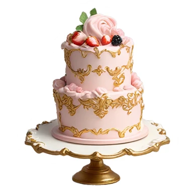 aesthetic vintage rococo cake with white icing, pale pink icing, berries on a gold and white ceramic plate stand  sticker
