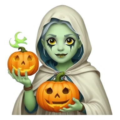 female orc ghost emoji, green skin, tusks, gentle smile, wearing flowing white ghost cloak with black eye holes, holding pumpkin lantern, faint glowing blue mist, Halloween fantasy, smooth Apple emoji style, white background, square sticker