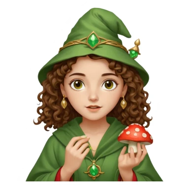 very beautiful italian girl, hazelnut brown eyes, looking like Emma Watson, with curly and big volume very bright brown hair, and a golden piercing ring in nose on left side, dressed in a beautiful wizard robe of green colors, holding red fly mushroom sticker