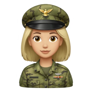 Female soldier emoji in Apple style, no cap/helmet, bust portrait, gentle smile, generic camo, hair visible, soft gradients, transparent PNG sticker