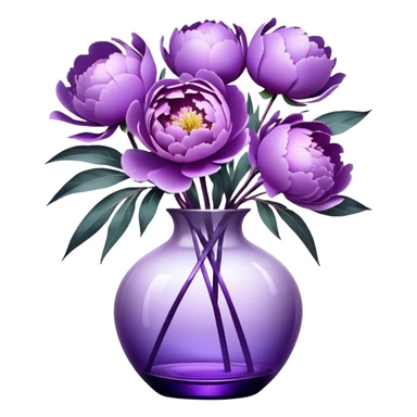 "Abstract peonies in shades of light purple and lavender, blending like soft brushstrokes. A glowing purple glass vase with surreal reflections, wrapped in a weightless, swirling satin ribbon."
 sticker