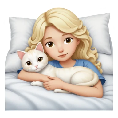 blonde haired girl curled up in bed with white cat sticker