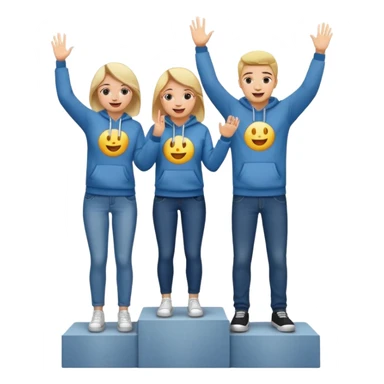 three casually dressed people on a winners’ podium with the middle step higher, all wearing jeans, t-shirts, and hoodies, excited and fun emoji style sticker