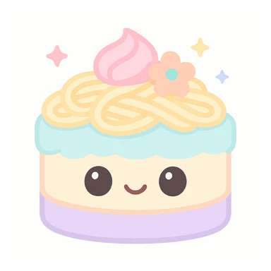 {
  "style_description": {
    "overall_look": "Cute, minimal, and soft with a friendly and playful tone",
    "material_simulation": {
      "primary_material": "flat digital color",
      "texture_detail": "smooth surfaces with no texture or shading",
      "pattern": "none or very simple decorative accents (e.g., hearts, stars)"
    },
    "geometry": {
      "edge_style": "rounded, soft curves with no sharp angles",
      "dimensionality": "flat two-dimensional appearance with simple shapes"
    },
    "color_palette": {
      "scheme": "pastel and light tones",
      "preferred_colors": ["pink", "mint", "lavender", "baby blue", "peach"],
      "contrast": "low contrast with bright accents"
    },
    "facial_features": {
      "eyes": "large, sparkly, often oval or circular",
      "mouth": "small, often a simple curve or dot",
      "expression": "joyful, innocent, or calm"
    },
    "lighting": {
      "type": "none or implied with soft highlights",
      "purpose": "maintain a clean and cheerful look"
    },
    "render_constraints": {
      "avoid": ["realistic shading", "high detail", "dark themes", "texture noise"],
      "focus_on": ["cute expression", "iconic simplicity", "emotional warmth"]
    },
    "background": {
      "color": "white or soft pastel",
      "style": "plain or patterned with simple icons (e.g., polka dots, stars)",
      "lighting_consistency": "no shadows, evenly lit feel"
    }
  }
}

{subject} = linguine cake sticker