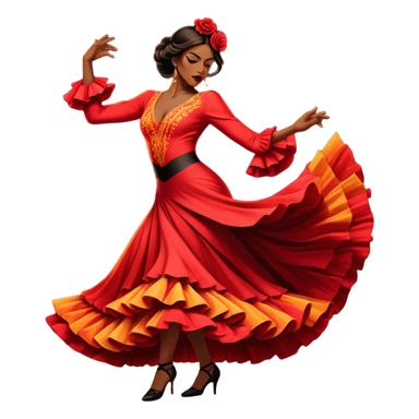 Cinematic Realistic Flamenco Dance Emoji, depicted as a passionate expressive flamenco performance with dramatic costumes and dynamic fiery movements, rendered with vibrant textures and bold energetic lighting that captures its intense rhythm. sticker
