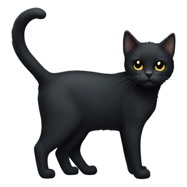 Full-body of a petite, solid black-furred cat with light yellow eyes, short fur, and small pointed ear tufts that blend into the black fur sticker