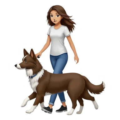 A beautiful girl with long brown hair and wearing a tight short-sleeved shirt is walking a black and white Border Collie sticker