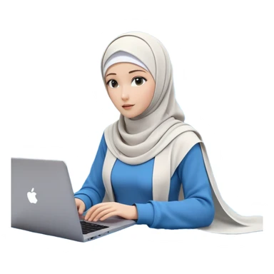 computer engineer with white hijab wearing blue outfit, with her metaverse creation coming to life around her, digital elements and code escaping from the screen behind her, virtual objects and holograms materializing in 3D space around her, laptop in front of her, her digital world extending beyond the screen into reality sticker