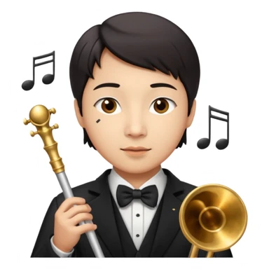 asian Create a sophisticated and elegant emoji that represents orchestration and arrangement. The design should feature a conductor’s baton, musical notes, and a symphonic score, symbolizing the process of arranging and orchestrating music. Incorporate instruments like a violin, trumpet, sticker