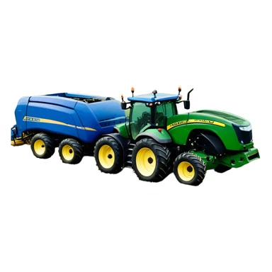 Baler – New Holland Roll-Belt 560 (2018) – Cinematic-realistic John Deere 6155M tractor towing a New Holland Roll-Belt 560 baler, its deep green body contrasting with the bright blue baler. The massive machine moves steadily through golden fields, compressing freshly cut hay into tight round bales, while dust swirls under the blazing afternoon sun. sticker