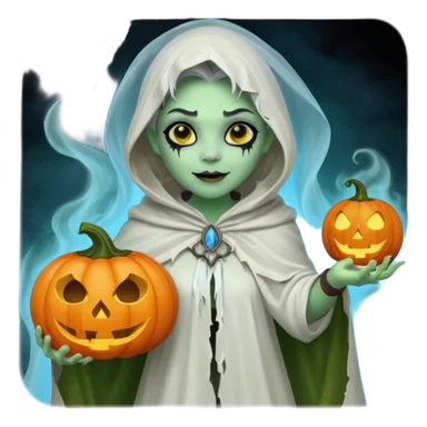 female orc ghost emoji, green skin, tusks, gentle smile, wearing flowing white ghost cloak with black eye holes, holding pumpkin lantern, faint glowing blue mist, Halloween fantasy, smooth Apple emoji style, white background, square sticker