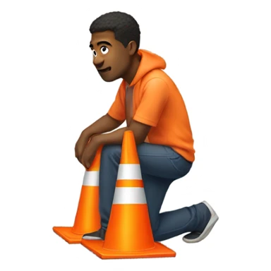Man squatting on traffic cone sticker