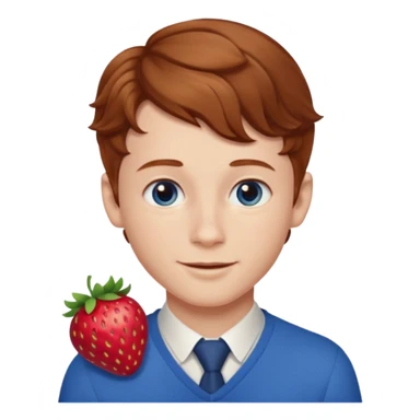 Please generate a portrait of a boy. He has light brown to reddish-brown wavy hair, a right side parting, longer sideburns, blue eyes, a snub nose, and a somewhat pronounced, strawberry-red pout. He is smiling. sticker
