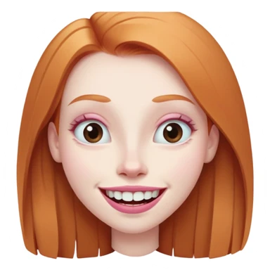 traditional emoji of young girl with very pale skin, long straight muted ginger hair, elongated oval face, bigger human-like eyes positioned close together, fuller thick eyebrows, wide nose, very large full pink lips with a big smile showing extremely large and prominent teeth, less intense expression sticker