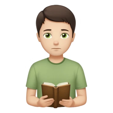 Thoughtful gentle man, fair skin, short dark brown hair, calm green eyes, simple light green shirt, waist-up front-facing, holding a closed book, serene expression, minimal background, soft lighting. sticker