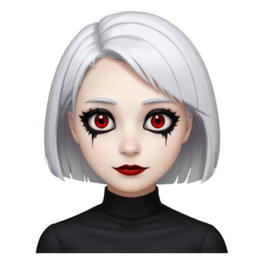 Afemale, unnatural eye color with veiny eyes, sickly skin texture combined with an unnatural creepy smile, liminal setting that feels wrong, uncanny eerie art style, scary femme fatale, bob cut, mole under eye, white hair, red iris, black mascara, black eyeshadow, Gothic white skin, sticker
