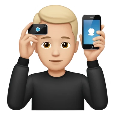 a guy holding 1 smartphone with both hands, smarphone should be horizontal, on top of his forehead sticker