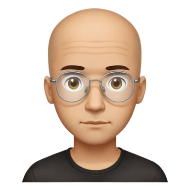 Latino man with small oval face and big forehead, clear lens aviator-style eyeglasses with metal frames, completely bald/shaved sides with very short curly dark hair only on top of head, neutral-friendly expression, light brown skin, wearing a black t-shirt sticker