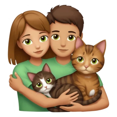 Crea un emoji donde salga un chico moreno con los ojos claros, una chica morena con los ojos marrones y un gato europeo comun de pelaje oscuro y ojos verde claro, quiero que se esten abrazando y el gato este en el medio de los dos sticker