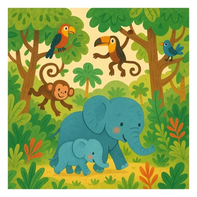 digital illustration of jungle safari in the style of children's story book sticker