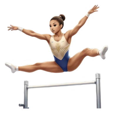 Professional gymnast performing a complex routine on parallel bars, demonstrating strength, control, and perfect balance. The gymnast is mid-air, executing a powerful move with focused concentration. The background shows a brightly lit gymnasium with a cheering audience. sticker