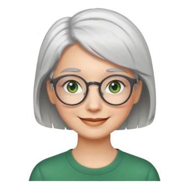 visage femme a lunettes ronde avec cheveux courts gris-blancs aux yeux verts qui souris sticker