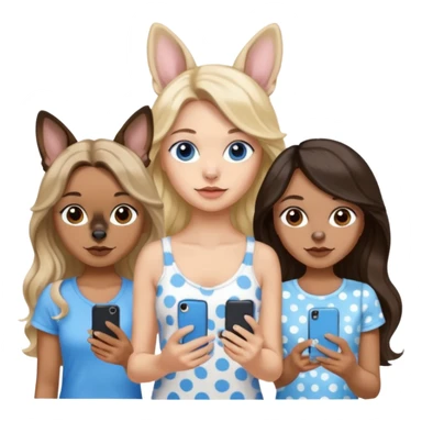 Three women in summer clothes holding iPhones, hazel eyed light skin with dark blonde long hair and Brown eyed,light skin,black long wavy hair, blue eyed light skin long blonde hair with 2 dogs, blue spotted Merle Frenchie and black and tan chihuahua  sticker